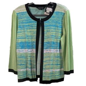 Ming Wang open front cardigan L Striped Multicolor Front Clasp Black Trim Career